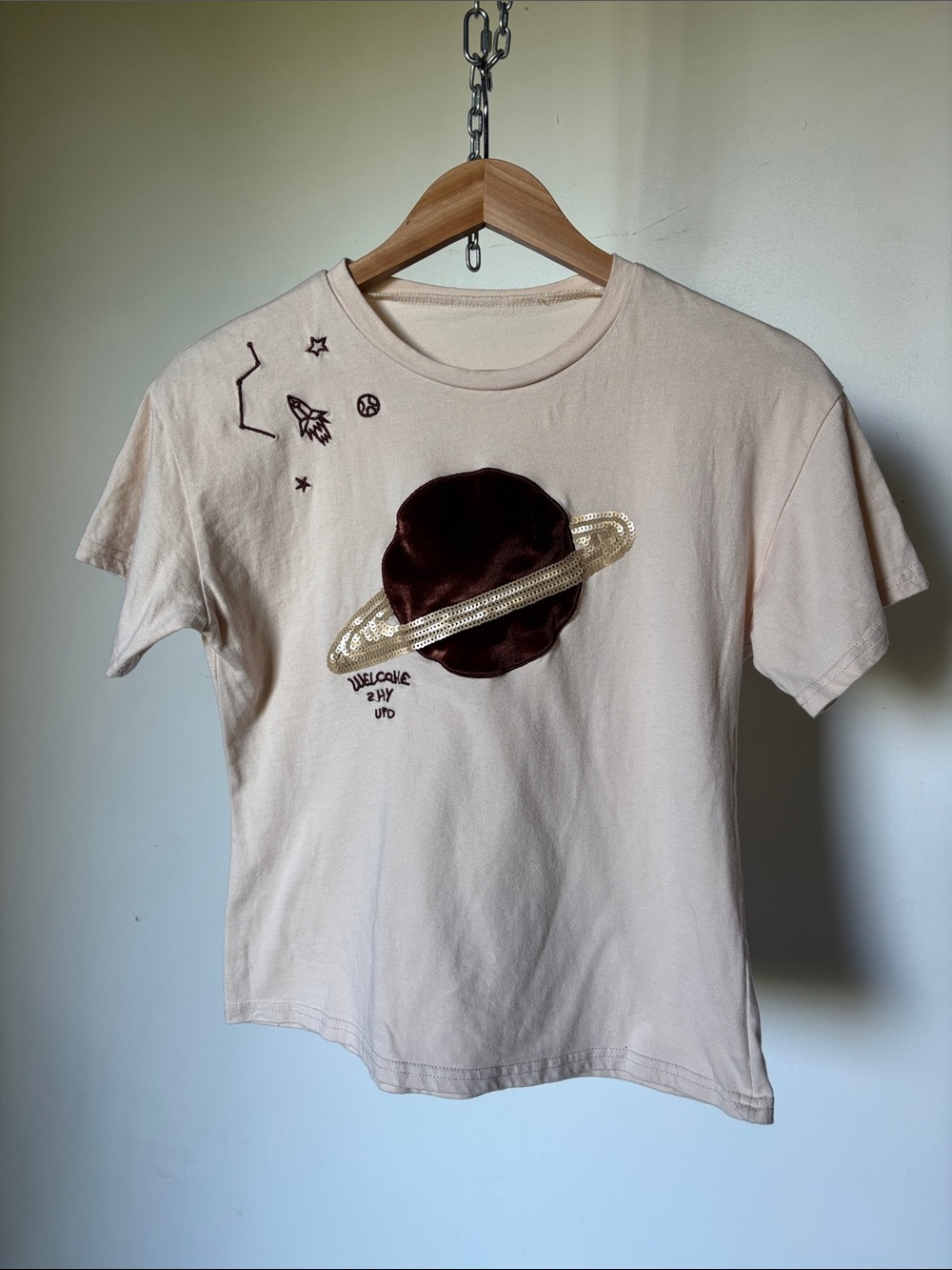 “Welcome 2 My UFO” Cream T-Shirt with Brown & Gold Sequins Saturn